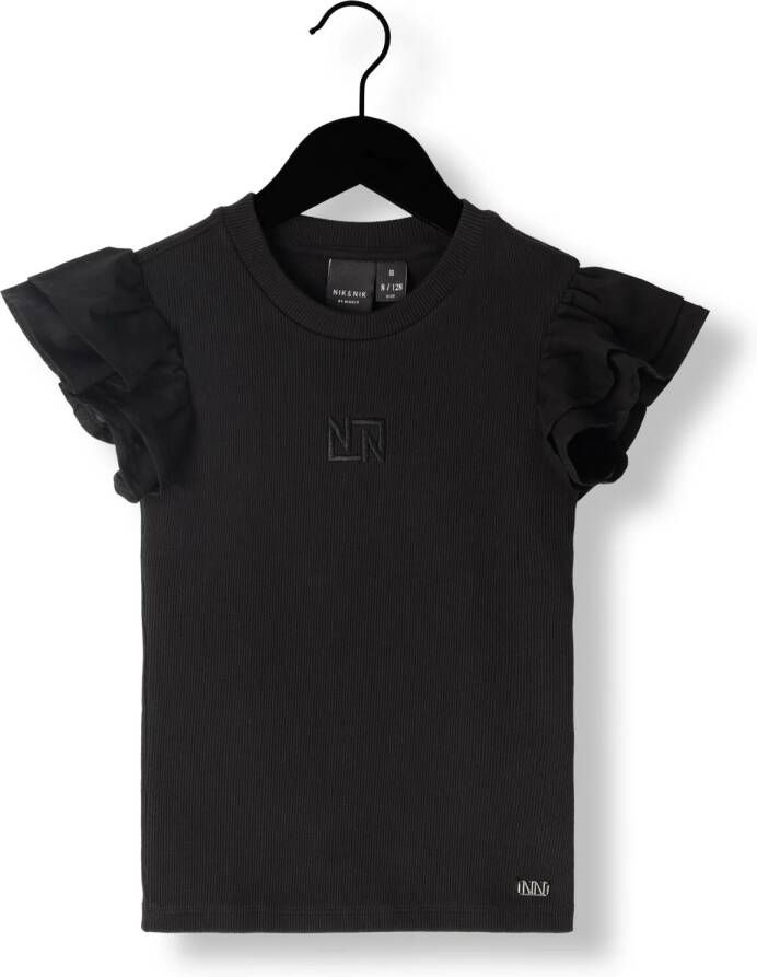 NIK & NIK Meisjes Tops & T-shirts Volant Sleeve Rib T-shirt Zwart