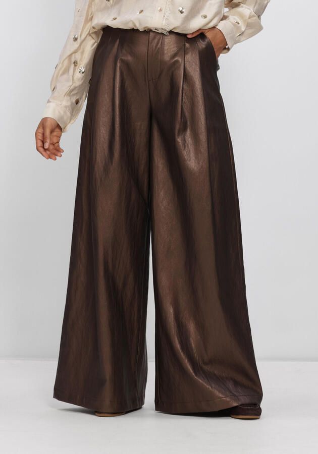 NUKUS imitatieleren wide leg broek donkerbruin