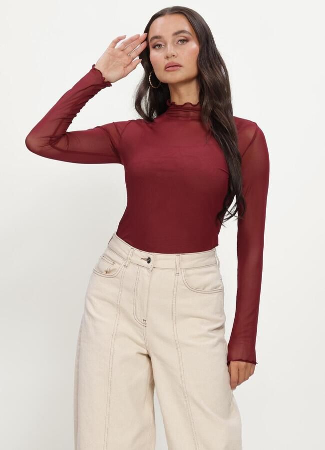 OBJECT Dames Tops & T-shirts Objnela Ls O-neck Mesh Top Rep Bordeaux