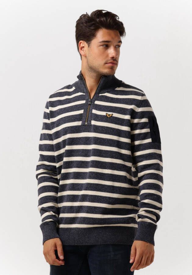 PME Legend Blauwe Trui Half Button + Zip Collar Cotton Rib Knit