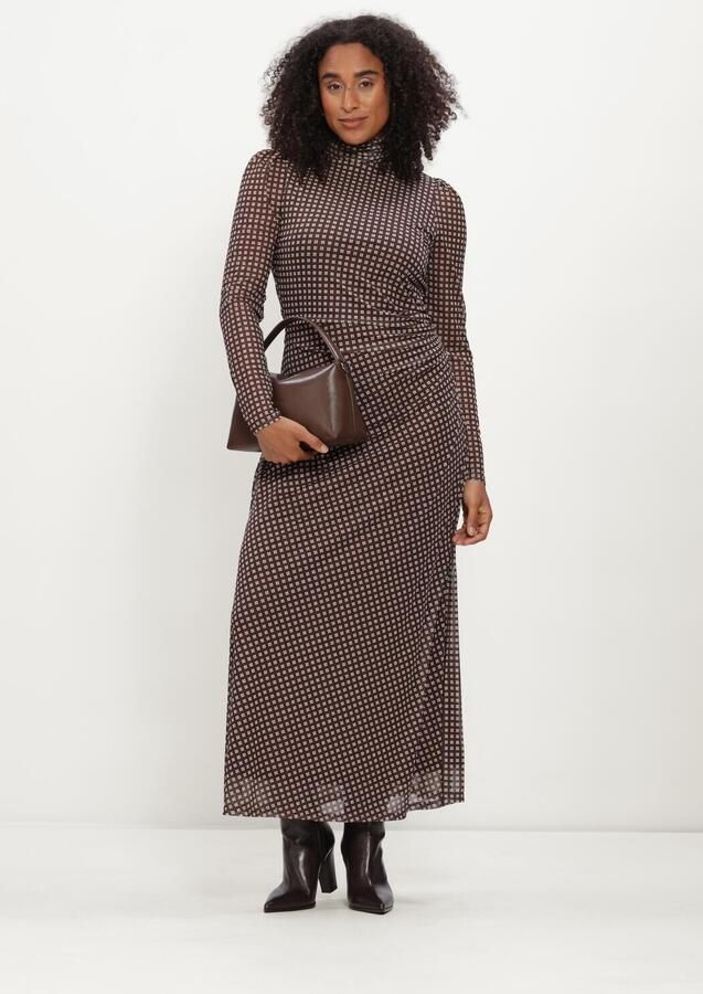 POM Amsterdam geruite maxi jurk met col en plooien bruin