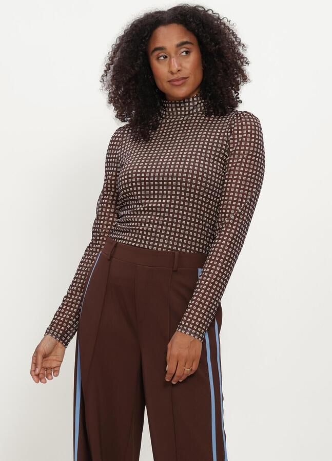 POM AMSTERDAM Dames Tops & T-shirts Romi Mesh Check Brown Bruin
