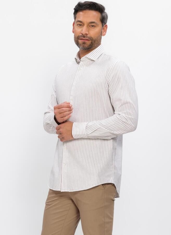Profuomo slim gestreepte casual overhemd met linnen beige