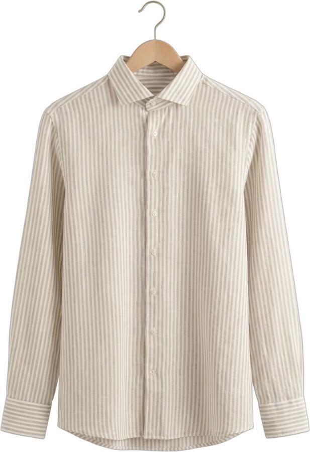 Profuomo slim gestreepte casual overhemd met linnen beige - Foto 4