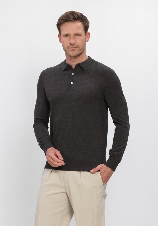 Profuomo Polo Shirt Lange Mouw Longsleeve Poloshirt Merinowol Donkerbruin