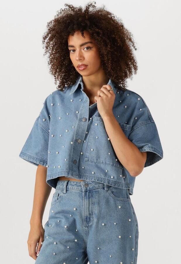 Refined Department denim blouse light blue denim met parels - Foto 4