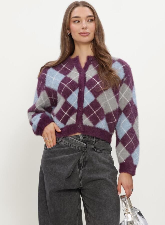 REFINED DEPARTMENT Dames Truien & Vesten Ladies Knitted Check Cardigan Nomi Paars