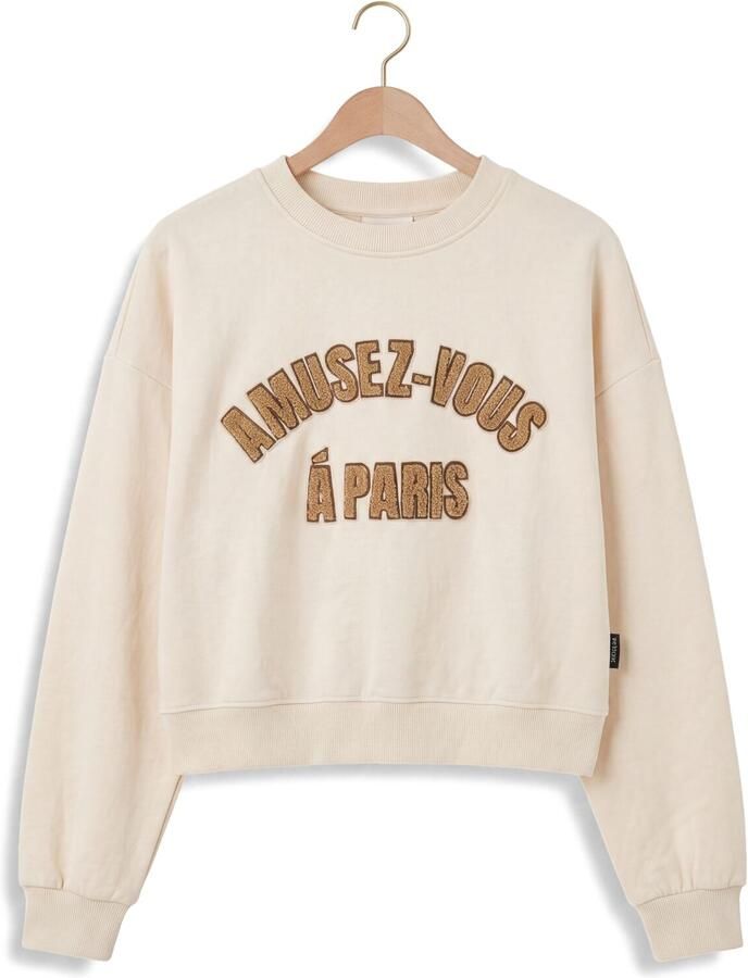 Retour Jeans oversized cropped sweater met tekst beige