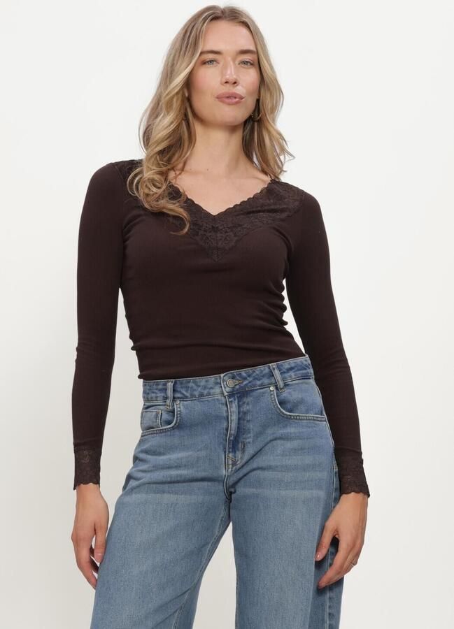 ROSEMUNDE Dames Tops & T-shirts Bernadine Organic Ls V-neck Lace Bruin