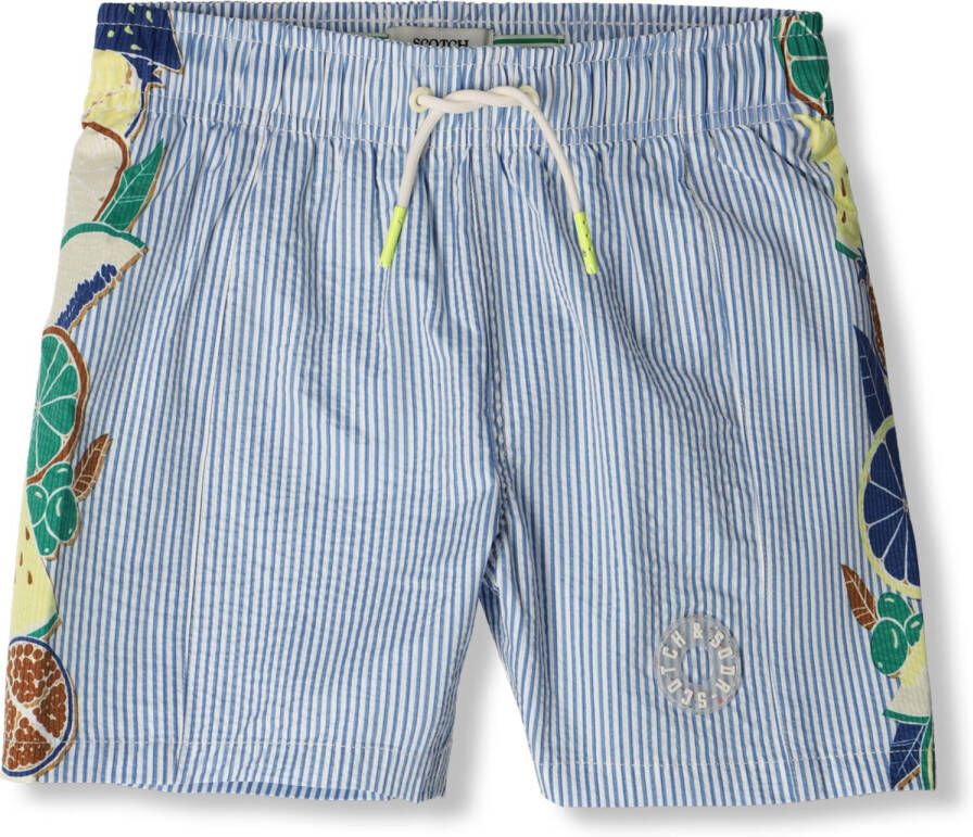 SCOTCH & SODA Jongens Zwemkleding Mid Lenght Placed Print Seersucker Swim Shorts Blauw wit Gestreept