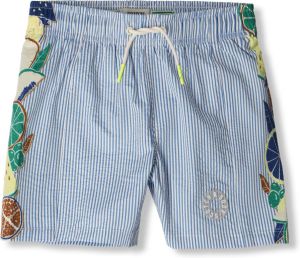 Scotch & Soda Blauw wit Gestreepte Mid Lenght Placed Print Seersucker Swim Shorts