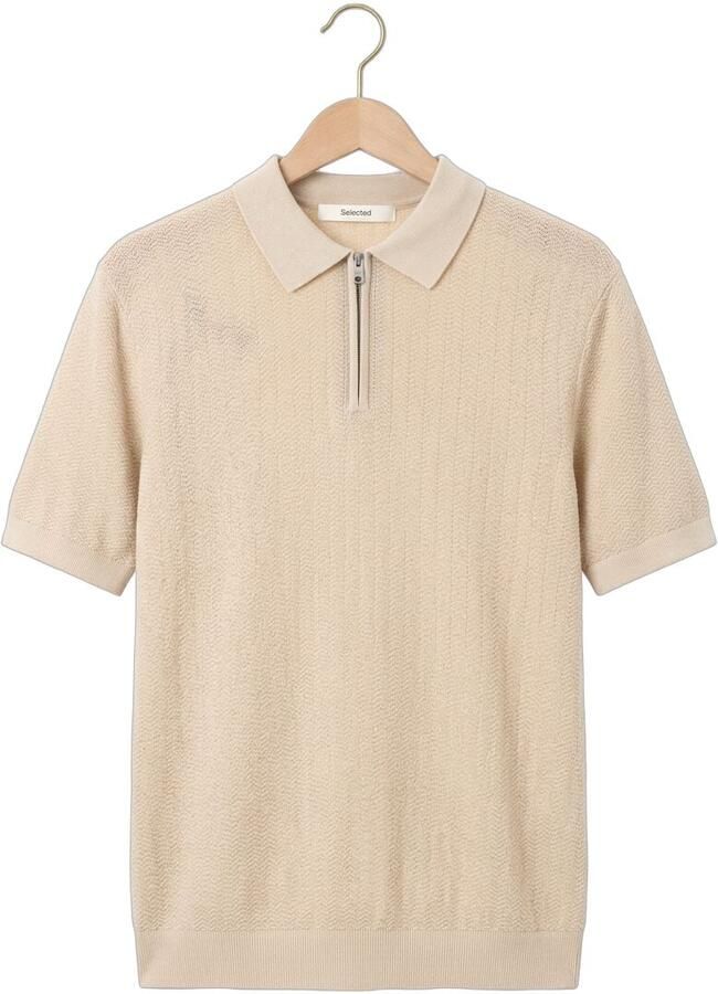 SELECTED MEN Heren Polo's & T-shirts Slhcran Ss Knit Structure Zip Polo Noos Creme - Foto 2