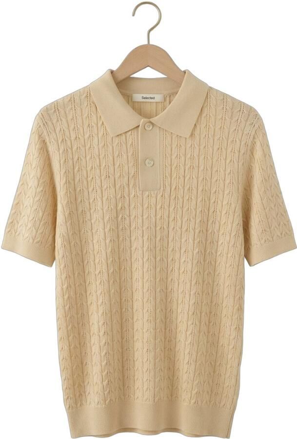 SELECTED MEN Heren Polo's & T-shirts Slhmattis Ss Knit New Cable Polo Ecru - Foto 4