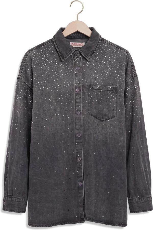 Studio AMAYA denim blouse met strass-steentjes grey denim - Foto 4