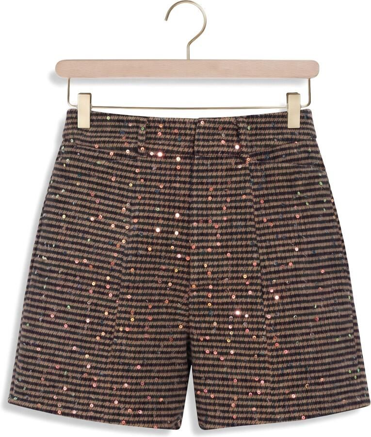 Studio AMAYA wide leg gestreepte korte broek met pailletten bruin - Foto 2