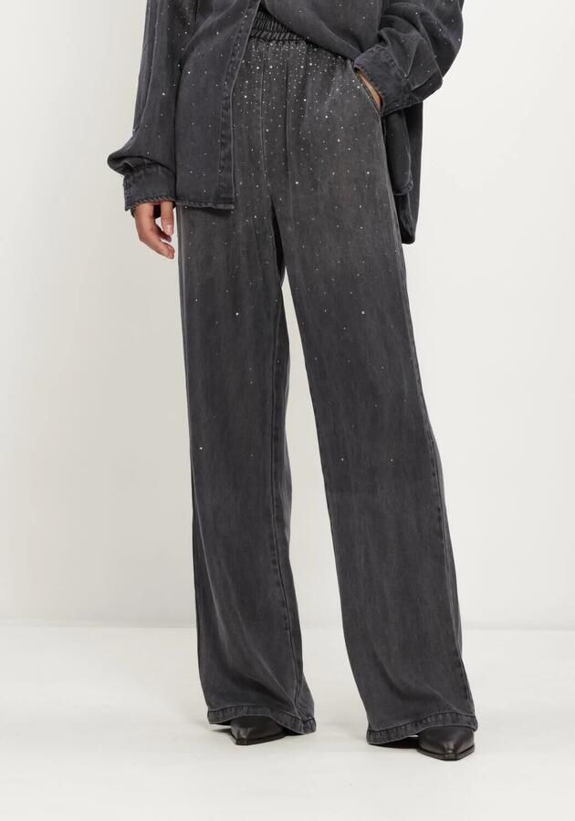 Studio AMAYA wide leg denim broek met strass-steentjes grey denim