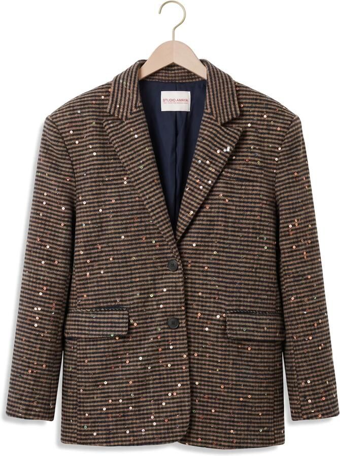 Studio AMAYA oversized gestreepte blazer met pailletten bruin - Foto 2
