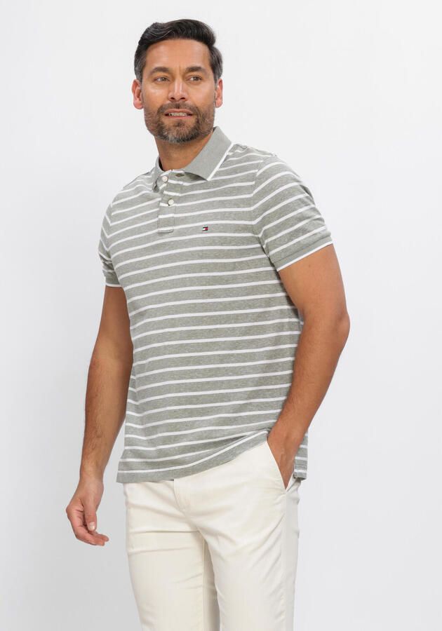 Tommy Hilfiger regular gestreepte polo met linnen fijn gebreid grijsgroen
