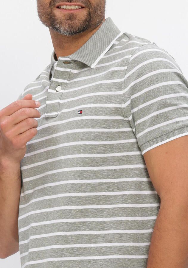 Tommy Hilfiger regular gestreepte polo met linnen fijn gebreid grijsgroen - Foto 2