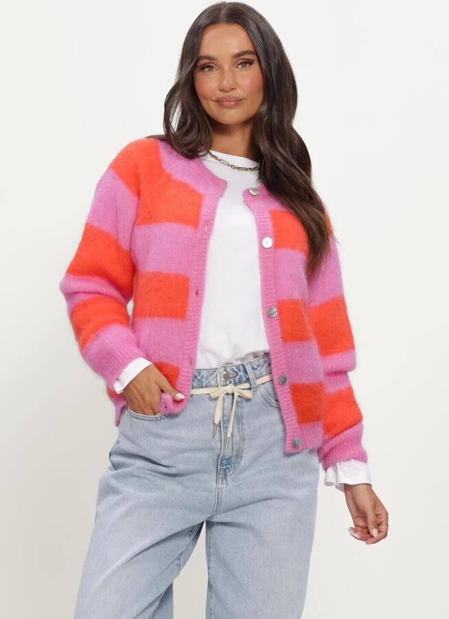 TWNS Dames Truien & Vesten Striped Buttoned Round Neck Long-sleeve Cardigan Roze