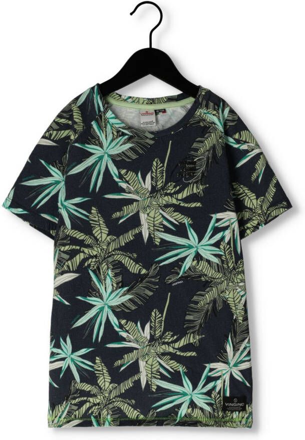 VINGINO T-shirt JEAL met bladprint groen donkerblauw Jongens Katoen Ronde hals 140