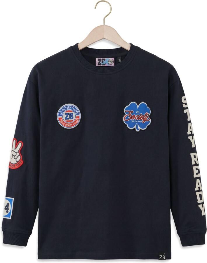 Z8 kids longsleeve met patches en print marineblauw Jongens Stretchkatoen Ronde hals