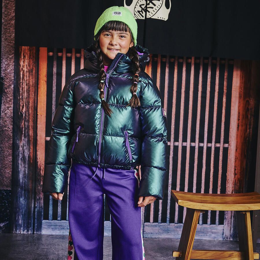 Z8 kids gewatteerde winterjas Melita metallic look groen paars