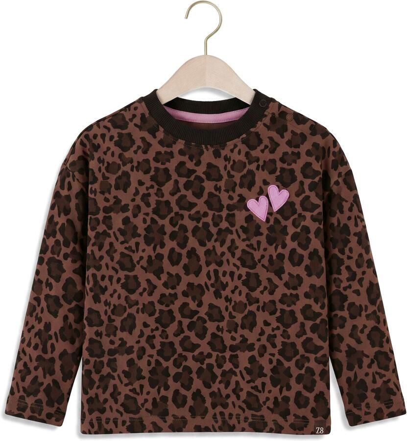 Z8 mini longsleeve met borduursels en panterprint bruin donkerbruin Meisjes Katoen Ronde hals