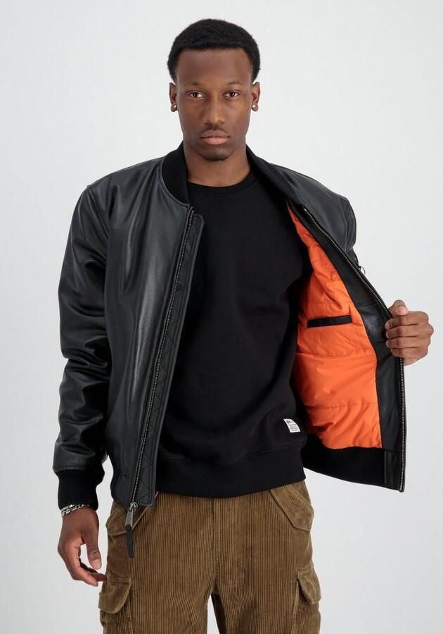 Alpha industries Zwarte leren bomberjack met rits Black Heren - Foto 4
