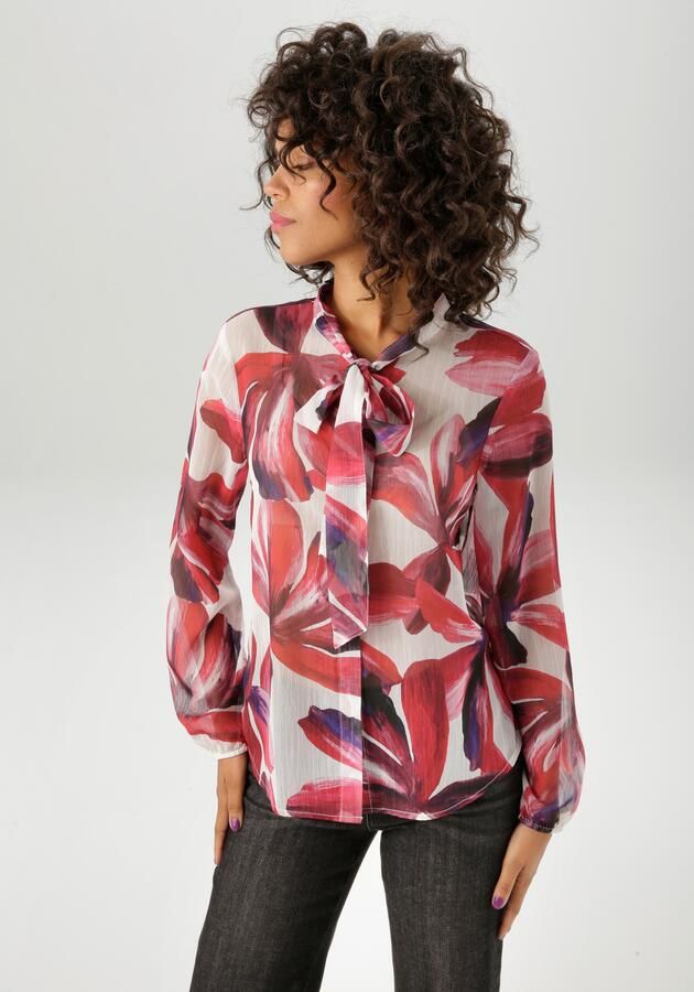 Aniston CASUAL Blouse met kraagstrik bedrukt met grootvlak grafische bladeren nieuwe collectie - Foto 7