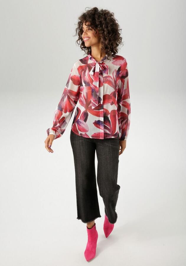 Aniston CASUAL Blouse met kraagstrik bedrukt met grootvlak grafische bladeren nieuwe collectie - Foto 5