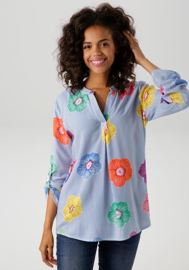 Aniston CASUAL Blouse zonder sluiting gestreept en versierd met kleurrijke bloemen - Foto 7