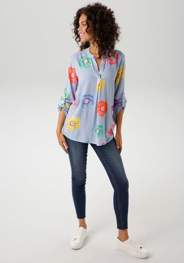 Aniston CASUAL Blouse zonder sluiting gestreept en versierd met kleurrijke bloemen - Foto 6
