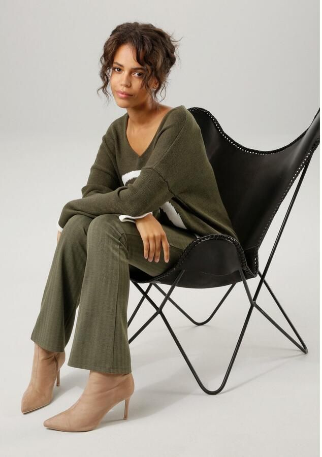 Aniston CASUAL Broek met wijde pijpen met kleurharmonisch visgraatpatroon - Foto 3