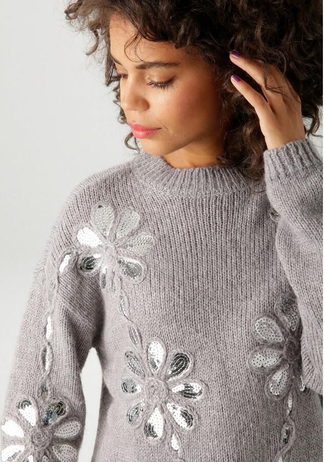 Aniston CASUAL Gebreide trui met pailletten versierde bloem-applicaties nieuwe collectie - Foto 3