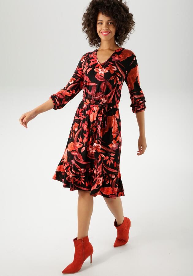 Aniston CASUAL Jerseyjurk bedrukt met grote bloe en bladeren nieuwe collectie (Met een afneembare bindstrik) - Foto 7