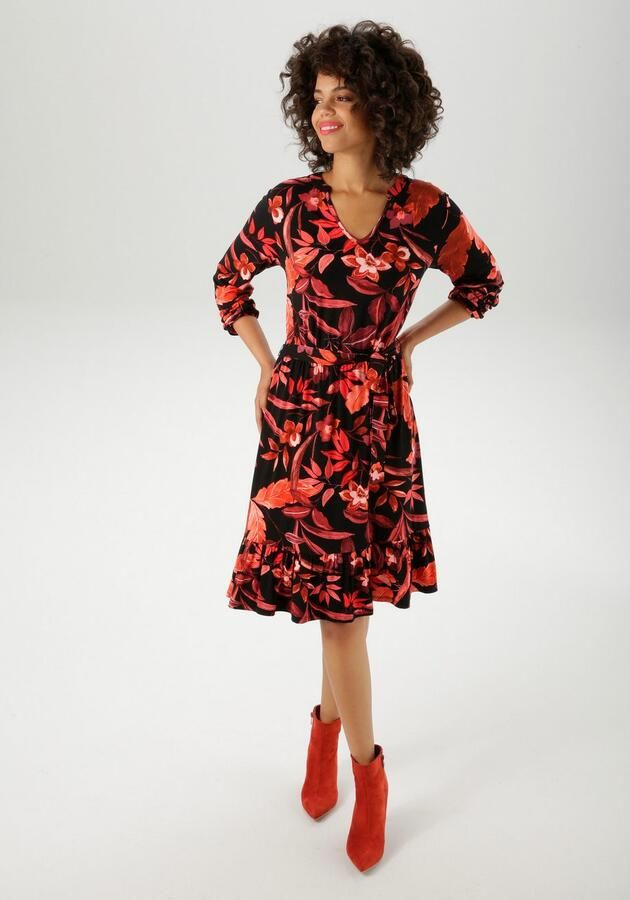 Aniston CASUAL Jerseyjurk bedrukt met grote bloe en bladeren nieuwe collectie (Met een afneembare bindstrik) - Foto 3