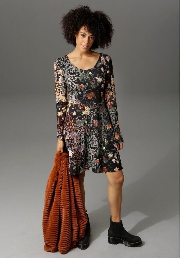 Aniston CASUAL Jerseyjurk met bloemenprint of in uni-zwart