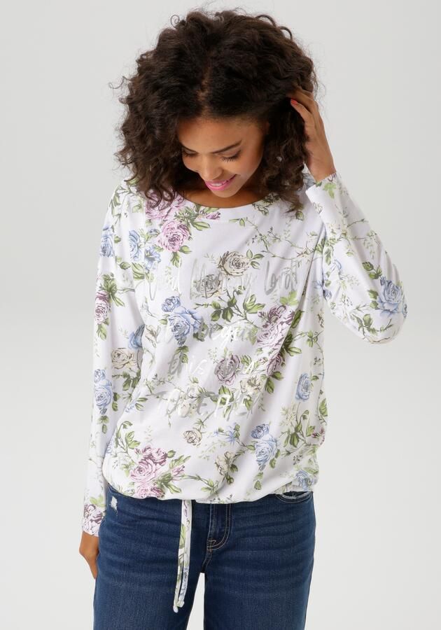 Aniston CASUAL Shirt met lange mouwen met zilverkleurige opschrift versierde rozenprint - Foto 7