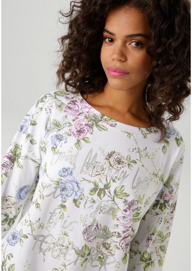Aniston CASUAL Shirt met lange mouwen met zilverkleurige opschrift versierde rozenprint - Foto 3