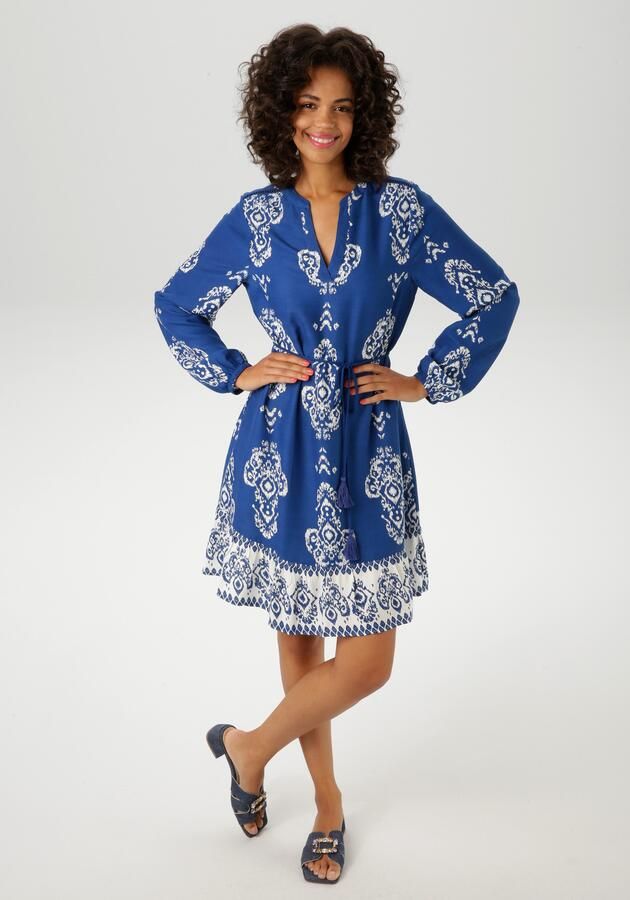 Aniston CASUAL Tuniekjurk met ornamentprint en contrasterende volant (Met afneembare koordbindband) - Foto 8