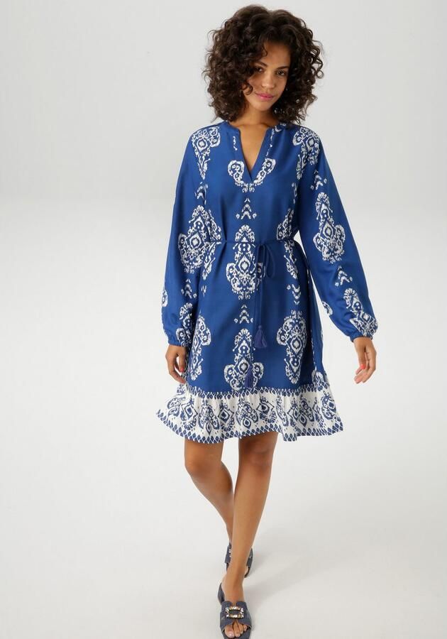 Aniston CASUAL Tuniekjurk met ornamentprint en contrasterende volant (Met afneembare koordbindband) - Foto 4
