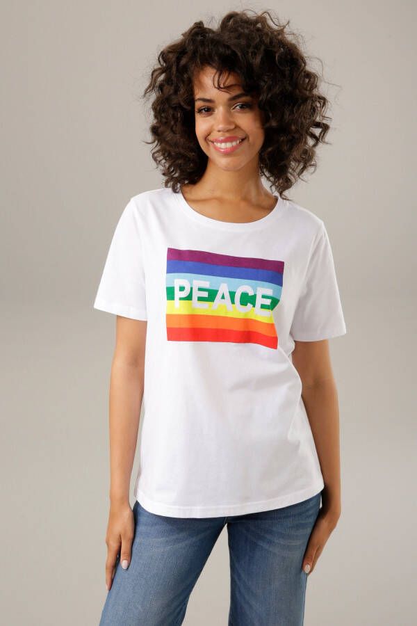 Aniston CASUAL T-shirt Opdruk op voorkant met regenboog en PEACE print