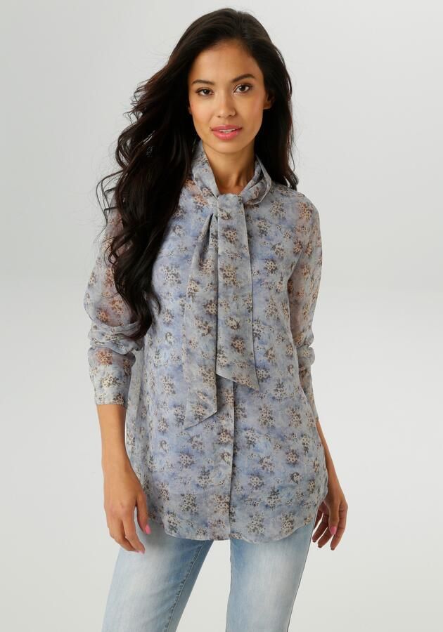 Aniston SELECTED Blouse met lange mouwen met strik en minimale bloe patroon nieuwe collectie - Foto 7