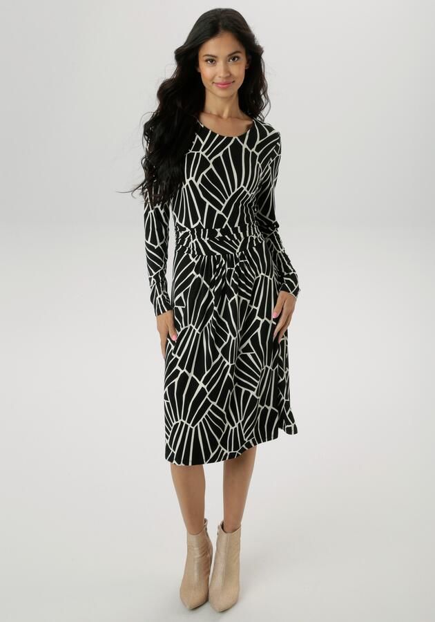 Aniston SELECTED Jerseyjurk in grafisch patroon dessin en gerimpelde tailleband nieuwe collectie - Foto 8