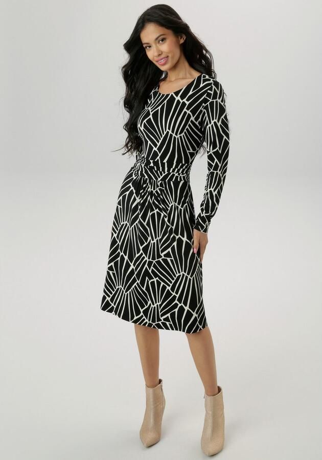 Aniston SELECTED Jerseyjurk in grafisch patroon dessin en gerimpelde tailleband nieuwe collectie - Foto 3