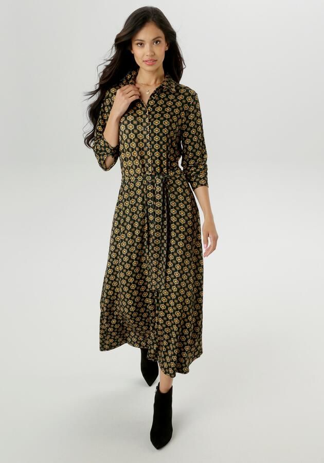 Aniston SELECTED Jerseyjurk met retropatroon en afneembaar strikband nieuwe collectie - Foto 8