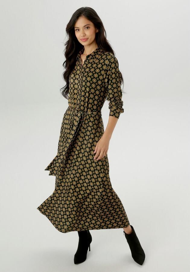 Aniston SELECTED Jerseyjurk met retropatroon en afneembaar strikband nieuwe collectie - Foto 5