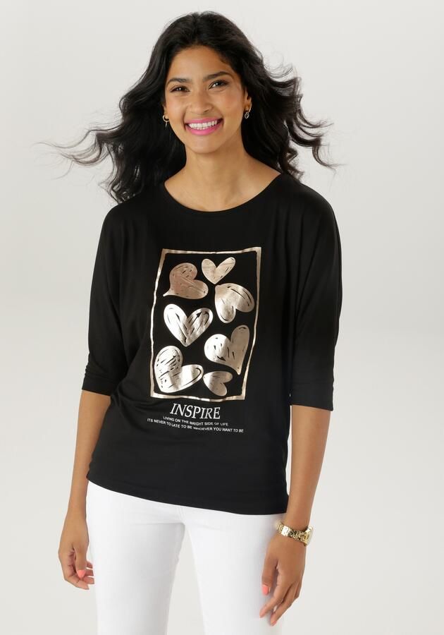 Aniston SELECTED Shirt met 3 4 mouwen met goudkleurige harten en statementtekst - Foto 9