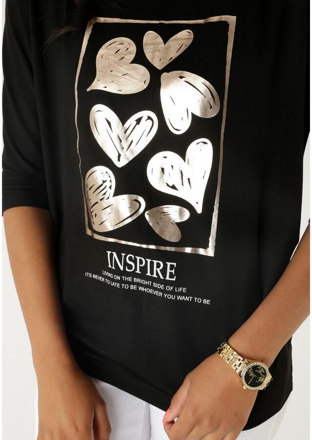 Aniston SELECTED Shirt met 3 4 mouwen met goudkleurige harten en statementtekst - Foto 3